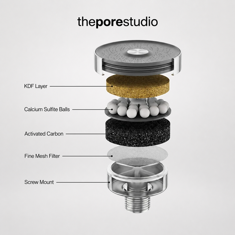 Diagram of the PorePlus four-stage filter cartridge: calcium sulfite, KDF-55, coconut activated carbon, PP cotton